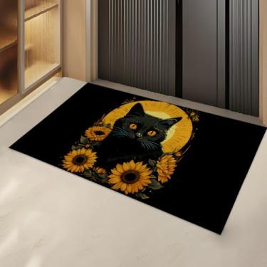 Imagem de Turamurra Tapete de porta interna de gato preto e girassol, tapete para entrada, sala de estar ou banheiro, tapete floral antiderrapante para decoração de casa 43 x 73 cm