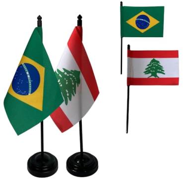 Imagem de Kit Bandeiras de Mesa Brasil e Líbano, Base e Haste em Plástico Preto, Tecido Oxford, Uma Face