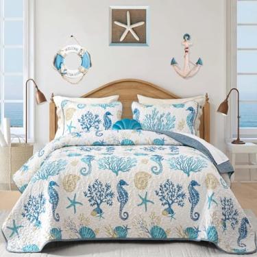 Imagem de Conjunto de colcha king-size litoral, 3 peças, tema de praia verde de verão, com fronhas, colcha náutica e oceano, leve, conjunto de edredom com estampa de coral, para todas as estações