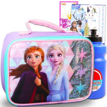 Imagem de Disney Conjunto de lancheira Frozen para meninas – Pacote com lancheira com garrafa de água Anna e Elsa Plus, tatuagens, mais | Lancheira Frozen Material escolar