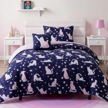 Imagem de Kaleido Space Jogo de cama solteiro para meninas - 3 peças de gato fofo, tamanho GG, 1 edredom, 1 travesseiro decorativo, 1 fronha