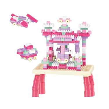 Imagem de Blocos de Montar Infantil, Mesa de Atividades com 100 Peças, Brinquedo Educativo 3+, (Rosa)