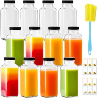 Imagem de Dayify Pacote com 12 garrafas de vidro de 350 ml com tampas, garrafas de água de vidro vintage de 360 ml com tampas, recipientes de suco reutilizáveis para suco, leite, gengibre, kombucha, bebidas