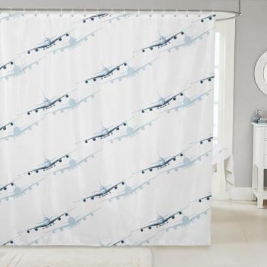 Imagem de Homewish Cortina de chuveiro aeronáutica 3D para crianças, meninos, cortina de banheiro de avião voador, decoração de banheira para adolescentes, cortina de banho de microfibra chique branca e azul