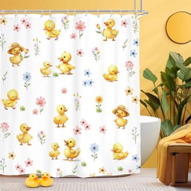 Imagem de Glawry Cortina de chuveiro de pato amarelo engraçado, casa de fazenda, folhas florais, planta, botânica, desenho animado, adorável banheiro, feminino, 152 x 182 cm, acessórios de banho, arte
