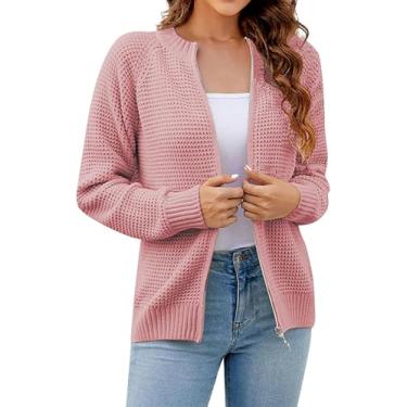 Imagem de Cardigans Para Mulheres Curto Com Zíper Cardigan De Malha Grossa Manga Longa Elegante Cardigans Feminino Casaco De Malha Simples Para Mulheres Jaqueta De Inverno Quente E Solta, Pink, L