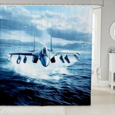 Imagem de Cortinas de chuveiro de aeronaves para banheiras 183 cm L x 198 cm Cortina de banho de aeronave voando sobre o mar para crianças, meninos, cortina de banheiro realista 3D plana à prova d'água com 12