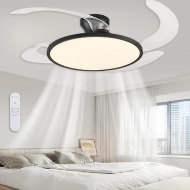 Imagem de AHAWILL Ventilador de teto retrátil de 122 cm, ventilador de teto discreto com luz e controle remoto, ventilador preto moderno com lâminas retráteis para sala de jantar, sala de estar, quarto