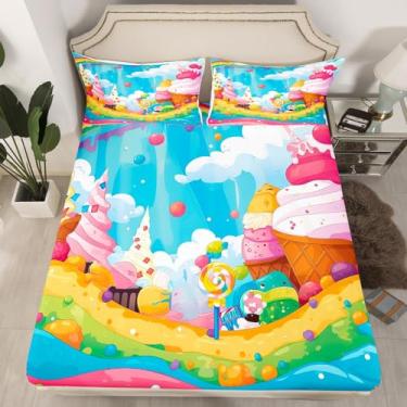 Imagem de Jogo de lençol solteiro com desenho animado de sorvete, ponte arco-íris doce, 2 peças, para decoração de quarto de crianças, meninos, meninas, adolescentes, lençol com elástico alto