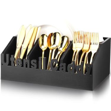 Imagem de Cinnvoice Organizador de utensílios de madeira de 32 cm, porta-guardanapos e utensílios, dispensador de pratos de papel rústico para balcão de cozinha