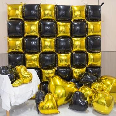 Imagem de Mythlty Black and Gold Square Balloon Wall for Birtyday Retirement Party Decorations, Gold Party Decor with 34pcs 19inch Double Side Checkered Balloons and 11pcs Heart Balloons in 10-18-32in
