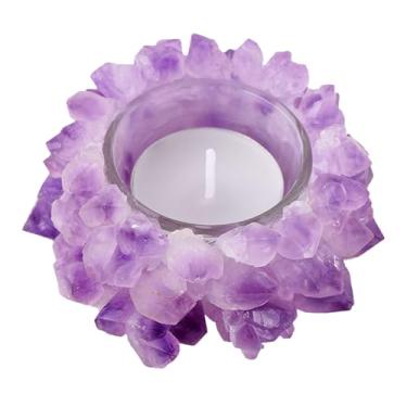 Imagem de Castiçal de cristal de quartzo com aglomerado de ametista natural, decoração de castiçal de luz de chá para festa de casamento em casa, presentes de inauguração de casa
