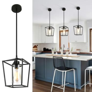 Imagem de GZJunYo Pacote com 3 luzes pendentes pretas para ilha de cozinha, 1 luminária pendente de metal para casa de fazenda, luminárias suspensas de cozinha com sombra de vidro transparente para sala de