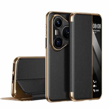 Imagem de LTLMYDAM Capa de revestimento para Huawei Pura 80 Ultra/80 Pro/80 Pro+/80, capa fina de couro lichia flip visível luxo borda dourada fecho magnético capa fina, preta, 80 Pro+