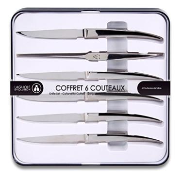 Imagem de Conjunto de facas para bife Laguiole Heritage; alças multicoloridas vibrantes, lâminas serrilhadas de 11 cm, estrutura de pino completo, aço inoxidável temperado, prata, conjunto de 6
