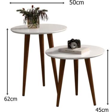Imagem de Kit 2 Mesas Lateral e Apoio Redonda Sala Retrô Pés Palito cor Branco -