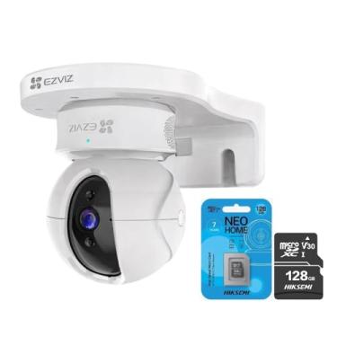 Imagem de Kit Camera de Seguranca Wi-Fi Motorizada Interna Ty1 Branca com Rotaçao Pan Tilt e Visao Noturna + Suporte de Parede + Cartão de Memoria Micro SD 128GB Classe 10 Alta Velocidade