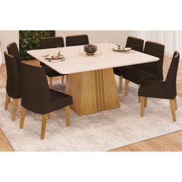 Imagem de Conjunto: Mesa Sala Jantar Itália Tampo Madeirado c/ Vidro Curvo 136x136cm e 8 Cadeiras Ondina Cedro/Off White - Suede Moca - DJ Móveis
