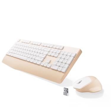 Imagem de MPTOG Combo ergonômico de teclado e mouse com descanso de pulso, chipset BK, teclado e mouse coloridos para escritório, botão liga/desliga, receptor USB para PC, laptop (branco cáqui)