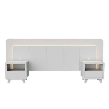 Imagem de Cabeceira Casal Queen com 2 Mesas de Cabeceira Led 3000k e Tomadas 100% Mdf Mabel Branco