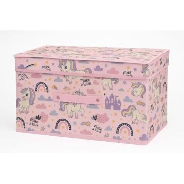 Imagem de Caixa Organizadora Infantil com Tampa, Estampa Unicornios, Dobrável para Brinquedos e Acessórios, Rosa