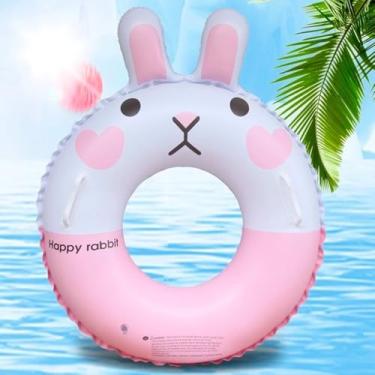 Imagem de Boia Inflável de Piscina Infantil Branca Com Rosa Para Meninas Para Piscina Infantil Boia Redonda Infantil Coelinho PVC Com Desenho De Coelhinho 60 cm