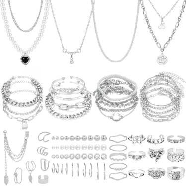 Imagem de NEWITIN Conjunto de 83 peças de joias de prata para mulheres moda bijuteria banhado a prata colar pulseira anel brincos brincos conjunto para mulheres
