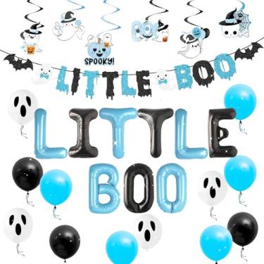 Imagem de Little Boo Decoração de Festa Little Boo Banner Halloween Fantasma Balões para Decoração de Chá de Bebê Azul Preto Dia das Bruxas Menino