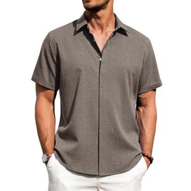 Imagem de Camisa masculina J.VER de linho, manga curta, marrom, algodão, 3G