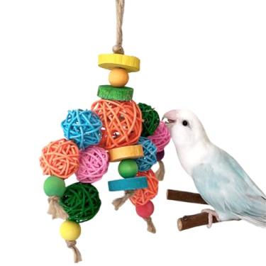 Imagem de CXYYXF Brinquedo de mastigação de pássaros, blocos de contas de madeira naturais coloridas, brinquedos de rasgar papagaio com bolas de vime de vime para periquitos Lovebird calopsitas (1 pacote)