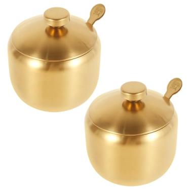 Imagem de Dispensador de café e açúcar, recipiente de açúcar dourado de aço inoxidável com tampa e colher de vidro, açucareiro resistente, adega de sal dourada segura, pote de cubo de açúcar versátil para sal