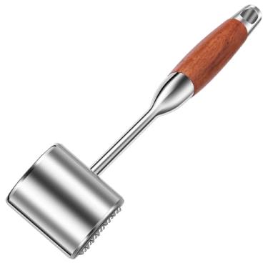 Imagem de FALESOUL Amaciador de carne, martelo de carne de aço inoxidável 304 com cabo de madeira, ferramenta de amaciador de carne de bife de frango, batedor de carne resistente para amaciar frango, carne