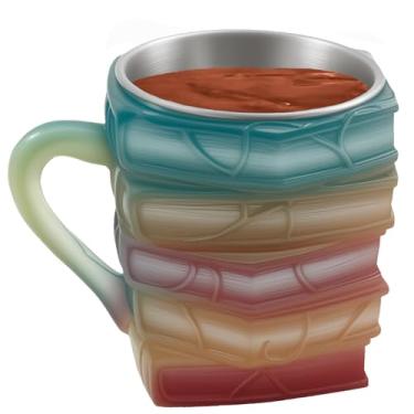 Imagem de Caneca de livro pintado, caneca de café de livros pintados em 3D, xícara de café de pilha de livros exclusivos, artesanato artístico, decoração de mesa feita à mão para bebidas, aderência confortável