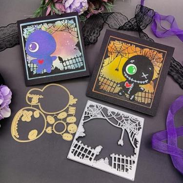 Imagem de Alinacutle Corte de metal de Halloween para fazer cartões feitos à mão, álbum de recortes, papel para presente de Natal, decoração de férias, modelo feito à mão-alinacutle (monstro e matrizes de fundo