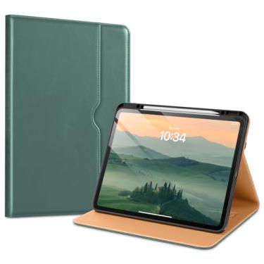 Imagem de VIKESI Capa para iPad Pro 13 (M4) 2024, capa de couro com suporte para Apple Pencil, despertar/hibernar automaticamente, vários ângulos de visualização, alça e bolso embutidos, verde meia-noite