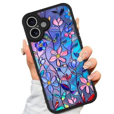 Imagem de AIGOMARA Capa para iPhone 16 [compatível com MagSafe] Design de padrão floral de flor azul colorida TPU macio amortecedor traseiro rígido antiqueda à prova de choque capa magnética fina