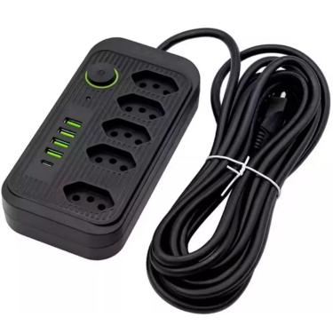 Imagem de Extensao Tomada 5 Tomadas Filtro de Linha 5 USB Preto