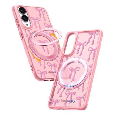 Imagem de Uppuppy Capa para Samsung Galaxy S25 Edge com anel magnético rotativo de 360° - Compatível com MagSafe, material semitransparente macio ao toque, à prova de choque, lindo design de laço de fita rosa