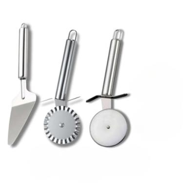 Imagem de Kit Carretilha Cortador de Pizza Cortador de Pastel Espátula de Bolo e Rolo de Massa Aço Inox(3 UND (BOLO + PASTEL + PIZZA))