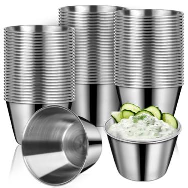 Imagem de 100 peças de ramequins de aço inoxidável de 74 ml, copos de molho de metal, copos de molho de ramequins a granel, copos redondos reutilizáveis para molho de manteiga para servir em restaurante, festa