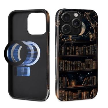 Imagem de MQJCYB Capa magnética para iPhone 15 Pro Max, compatível com MagSafe, capa protetora fina de TPU macio para celular feminina e meninas para iPhone 15 Pro Max-Dark Gothic Bookshelf Moon
