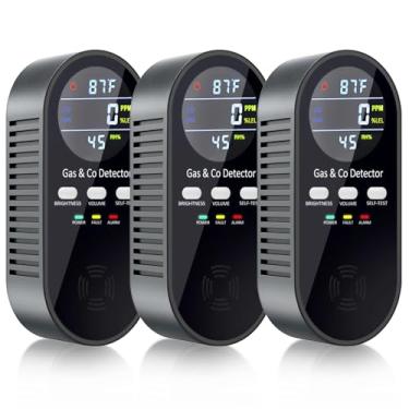 Imagem de 3 pacotes de detector de monóxido de carbono, detector de vazamento de gás natural 5 em 1 e detectores de monóxido de carbono. Conecte com bateria reserva de 9 V, detector de monóxido de carbono para