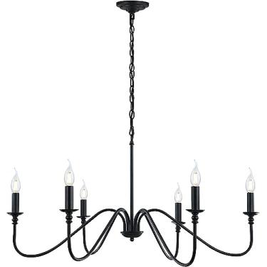 Imagem de Lustre, Lustre de ferro industrial rústico com 6 luzes para luminária de sala de jantar Lustre de vela pendurado para corredor Sala de estar Bar de escritório Iluminação de ilha (preto)