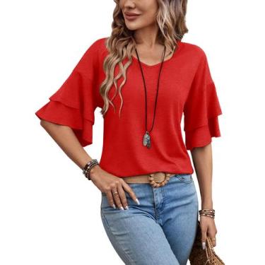 Imagem de Camisa feminina Sialois com decote em V, manga 3/4, babado de duas cam