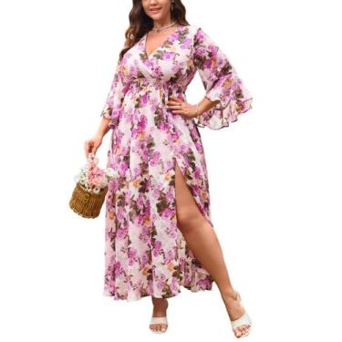 Imagem de Vestido EYWOL Plus Size rosa primavera floral com decote em V para mul