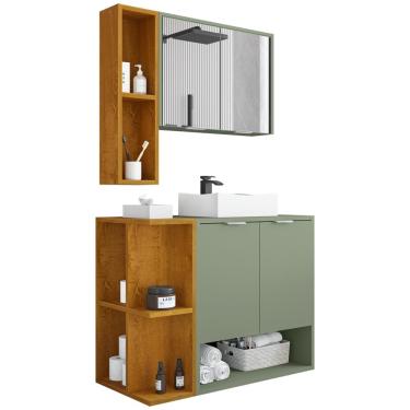 Imagem de Gabinete Para Banheiro Com Cuba e Espelho Siesta B02 Pistache Naturalle - Lyam Decor