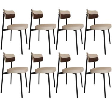Imagem de Kit 08 Cadeiras Estofada Para Sala de Jantar Astrid Preto C01 Linho Areia Courino Whisky - Lyam Decor