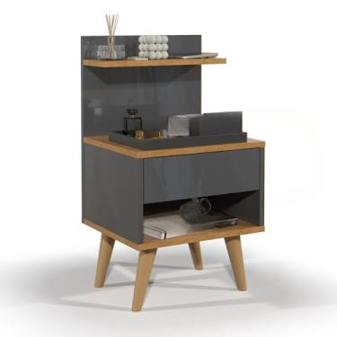 Imagem de Mesa de Cabeceira Retrô com Gaveta e Prateleira para Quarto Pequeno Design Vintage Funcional(CINZA/NATURE)