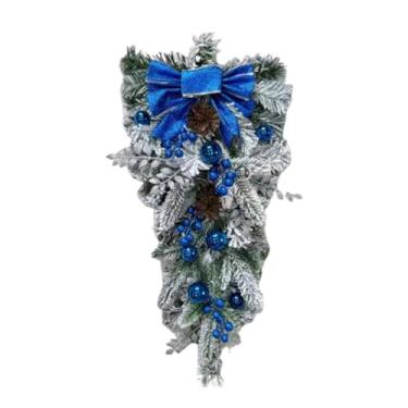 Imagem de Sclmgo Guirlanda de Natal Artificial em Flocos de PP, Guirlanda Realista em Forma de Gota, Enfeite Festivo Pendurado com Laço E Bolas, Adequada para Porta Da, Azul