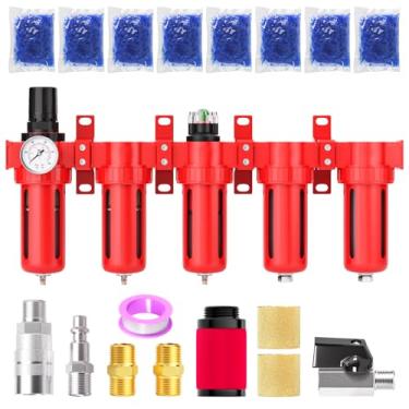 Imagem de MEANLIN Sistema de secagem a ar de alumínio NPT de grau industrial de 5 estágios 1/10.2 cm, filtro de coalescência dupla, filtro de partículas, secador de dessecante duplo e regulador de ar, dreno